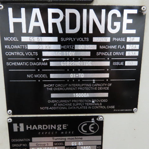 Hardinge GS-51 CNC Turning Center 3PH W/LNS Bar Feeder (Needs Sub Spindle Work)
