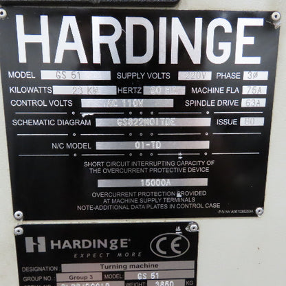 Hardinge GS-51 CNC Turning Center 3PH W/LNS Bar Feeder (Needs Sub Spindle Work)