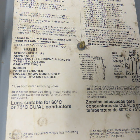 Square D HU361 30A Non-Fusible Heavy Duty Safety Disconnect Switch 600V AC Type1