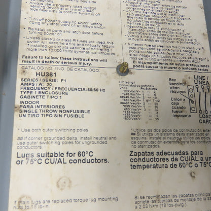 Square D HU361 30A Non-Fusible Heavy Duty Safety Disconnect Switch 600V AC Type1