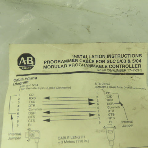 Allen Bradley 1747-CP3 Programmable Cable For SLC 5/03 & 5/04