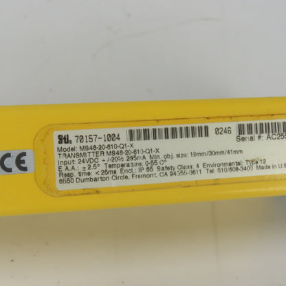 STI MS46-20-610-Q1-X 24" Mini-Safe Safety Light Curtain Transmitter 24VDC