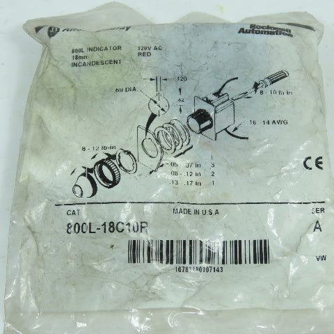 Allen Bradley 800L-18C10R Ser A 18mm Red Indicator Light Incandescent 120VAC NEW