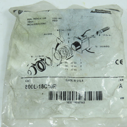 Allen Bradley 800L-18C10R Ser A 18mm Red Indicator Light Incandescent 120VAC NEW
