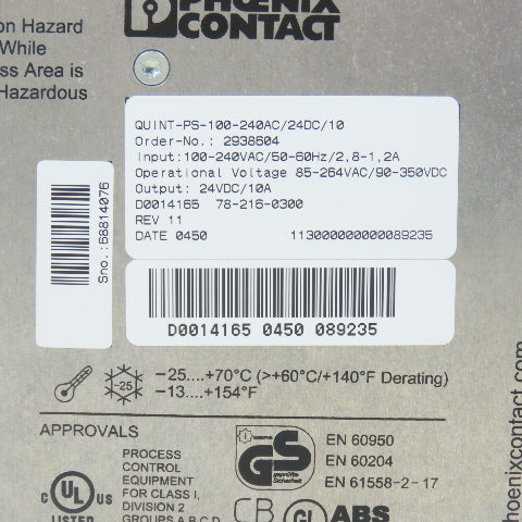 Phoenix Contact 2938604 QUINT-PS-100-240AC/24DC/10 24VDC 10A Power Supply