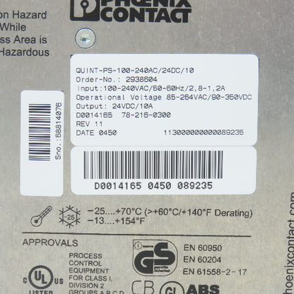 Phoenix Contact 2938604 QUINT-PS-100-240AC/24DC/10 24VDC 10A Power Supply