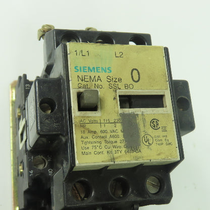 Siemens SSL BO Size 0 Motor Starter Contactor 600VAC 18A