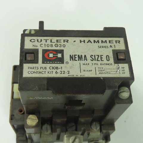 Cutler-Hammer C10B-1 Nema Size 0 Lighting Contactor 3Ph 18A 120V Coil
