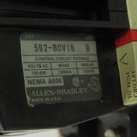 Allen Bradley 592-BOV16 Ser B Overload Relay 120-600VAC 7200VA Make 720VA Break