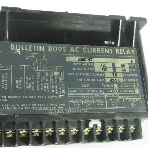 Allen Bradley 809S-NX1 Ser A Bulletin 809S AC Current Relay 120V