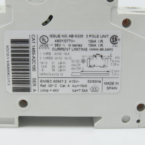 Allen Bradley 1489-A2C100 Ser A 2-Pole 10A Circuit Breaker 480V AC (Clean)