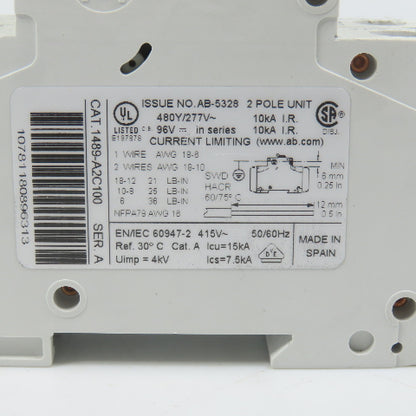 Allen Bradley 1489-A2C100 Ser A 2-Pole 10A Circuit Breaker 480V AC (Clean)