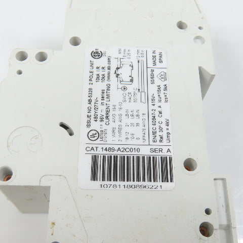 Allen Bradley 1489-A2C010 Ser A 2-Pole 1A Circuit Breaker 480V AC (Clean)