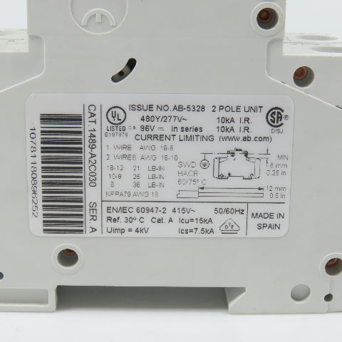 Allen Bradley 1489-A2C030 Ser A 2-Pole 3A Circuit Breaker 480V AC (Clean)
