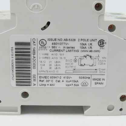 Allen Bradley 1489-A2C030 Ser A 2-Pole 3A Circuit Breaker 480V AC (Clean)