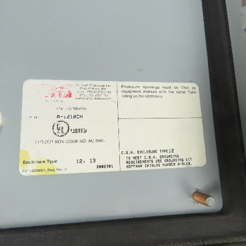 Hoffman A1210CH 12" x 10" x 5" Electrical Enclosure Type 12,13 W/ Backplate