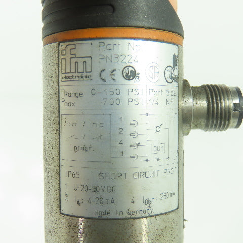 IFM PN3224 Pressure Sensor Digital Display 20-30VDC 1/4" NPT 700PSI Max