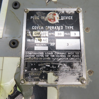 Federal Pacific CFP332 30A 3-Pole Fusible Cover Operated Plug-In Bus Switch 240V