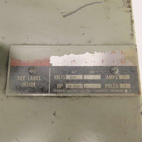 Federal Pacific SP1336 30A 3-P Fusible Plug-In Bus Switch 600V 20HP (Incomplete)