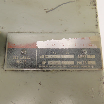 Federal Pacific SP1336 30A 3-P Fusible Plug-In Bus Switch 600V 20HP (Incomplete)