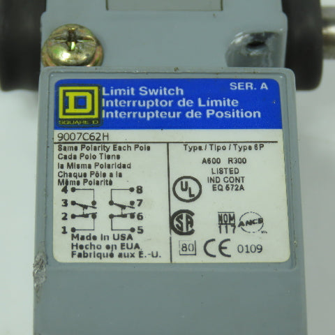 Square D 9007C62H Type 6P Side Plunger Limit Switch W/ Type H Head Pretravel .14