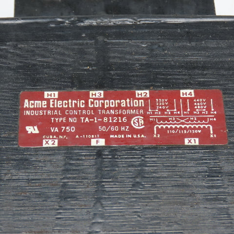 Acme TA-1-81216 750VA Control Transformer Pri 220-480V Sec 110/120V 1PH