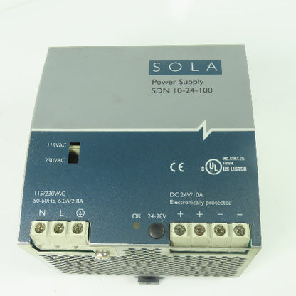 Sola SDN 10-24-100 Power Supply 115/230VAC 6/2.8A Input 24VDC 10A Output