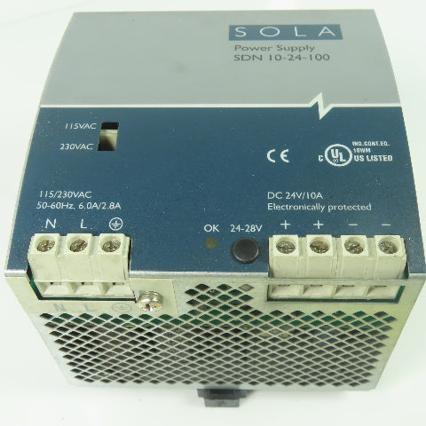 Sola SDN 10-24-100 Power Supply 115/230VAC 6/2.8A Input 24VDC 10A Output
