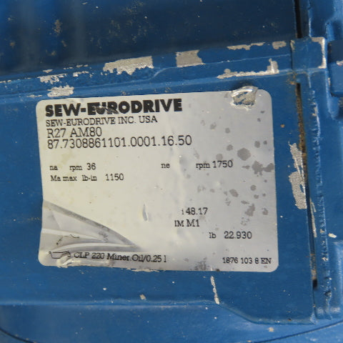 Sew Eurodrive R27 AM80 48.17:1 Ratio Inline Gear Reducer 36RPM Out 1150LB-IN