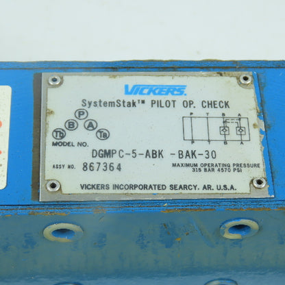 Vickers DGMPC-5-ABK-BAK-30 SystemStak Hydraulic Pilot Op. Check Valve 4570PSI