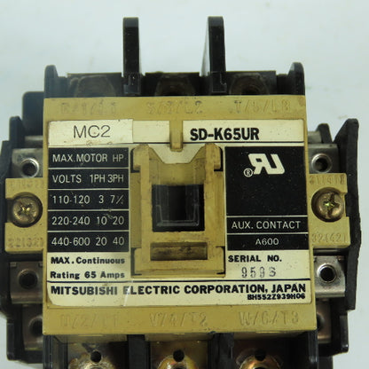 Mitsubishi SD-K65UR 65A Power Contactor 3Ph 600V 40HP 24VDC Coil