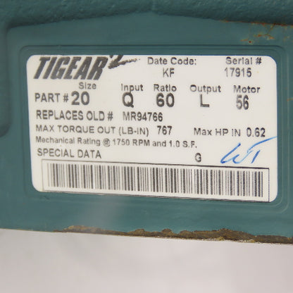 Dodge Tigear 60:1 Ratio 1/2HP Left Hand Gear Motor 230/460V 28.75RPM 767 Torq.