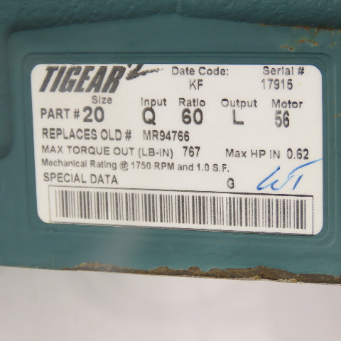 Dodge Tigear 60:1 Ratio 1/2HP Left Hand Gear Motor 230/460V 28.75RPM 767 Torq.