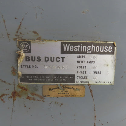 Westinghouse 368D 806G01 400A Bus Duct Tap Box 600V 3PH 3W 60HZ