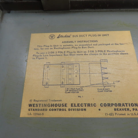 Westinghouse 456D905G06 30A 480VAC De-Ion Fusible Bus Plug Switch 3PH 15HP