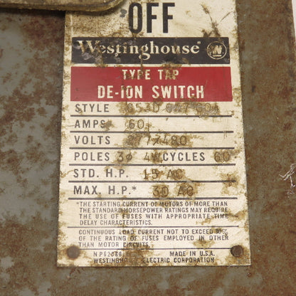 Westinghouse 653D647G04 60A 480VAC De-Ion Fusible Bus Plug Switch 3PH 30HP
