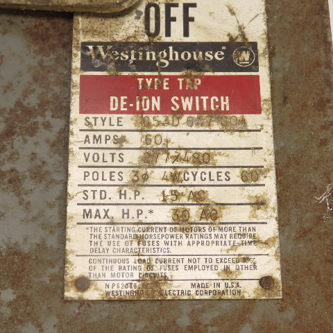 Westinghouse 653D647G04 60A 480VAC De-Ion Fusible Bus Plug Switch 3PH 30HP