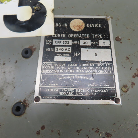 Federal Pacific CFP 332 30A 240VAC Cover Operated Fusible Bus Plug Switch 3P
