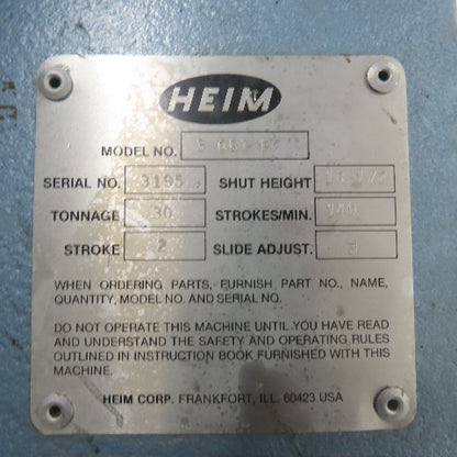 Heim 30BIF 30 Ton Mechanical Punch Press 3HP 480V 3Ph 2" stroke