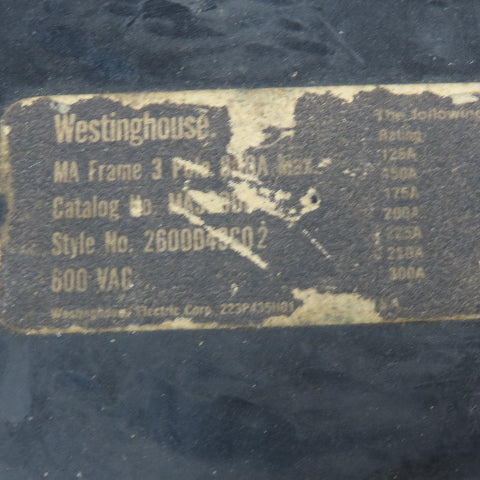 Westinghouse MAS600S (?) Style 2600D43G02 600A 600VAC 3 Pole Circuit Breaker