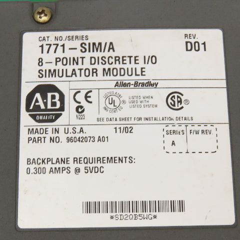 Allen Bradley 1771-SIM/A 8 Point Discrete I/O Simulator Module