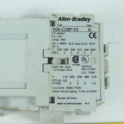 Allen Bradley 100-C09*10 Ser A C09 Contactor 600VAC Max W/ 120V 50/60HZ Coil
