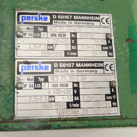 Perske KCS 71.20-2 D 7.5 /4.5kW Spindle Motor 230/400V 3PH 2900/8900RPM 50-150HZ