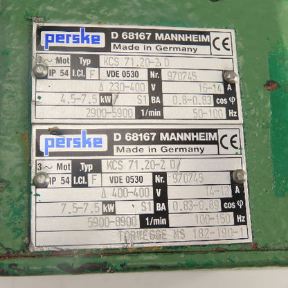 Perske KCS 71.20-2 D 7.5 /4.5kW Spindle Motor 230/400V 3PH 2900/8900RPM 50-150HZ
