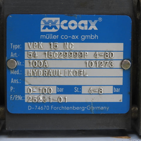 Muller Coax VPK 15 NC 2/2 Way Coaxial Externally Controlled Valve 0-100 Bar