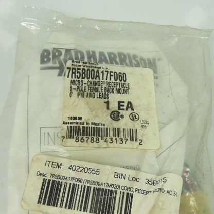 Brad Harrison 7R5B00A17F060 Micro-Change Receptacle 5-Pole Female 6' L 18 AWG