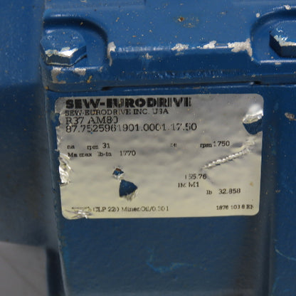 Sew Eurodrive R37 AM80 55.76:1 Ratio Inline Gear Reducer 31RPM Out 1770 IN-LB
