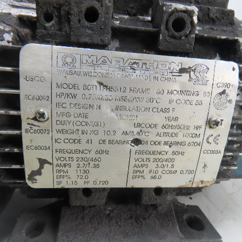 Marathon 80T11FH5512 0.75HP/0.55KW Electric Motor 3Ph 230/460V 1130RPM 3/4"Shaft