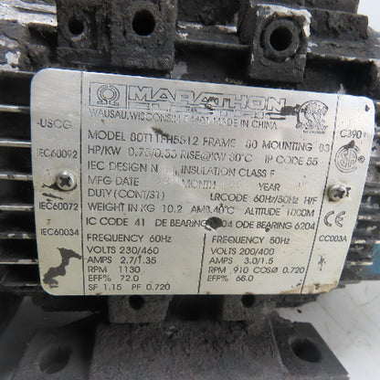 Marathon 80T11FH5512 0.75HP/0.55KW Electric Motor 3Ph 230/460V 1130RPM 3/4"Shaft