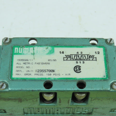 Numatics I23SS700K Pneumatic Directional Air Control Valve 150PSIG 120V